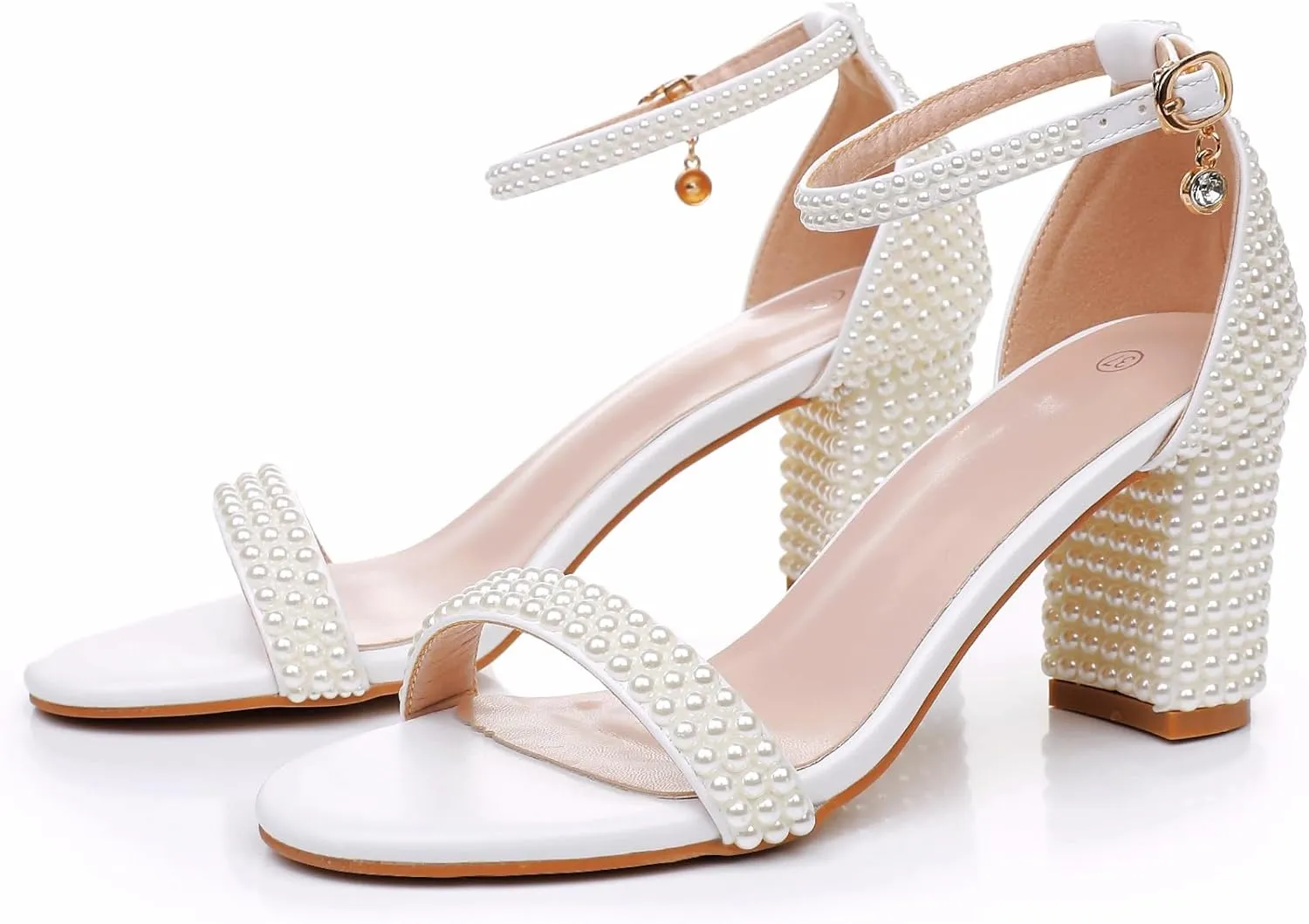 2.95'' Full Pearls Block Heels Sandals Peep Toe Rhinestone Women's Chunky Heel Pump Shoes For Bride Wedding Party Evening Dress Shoes