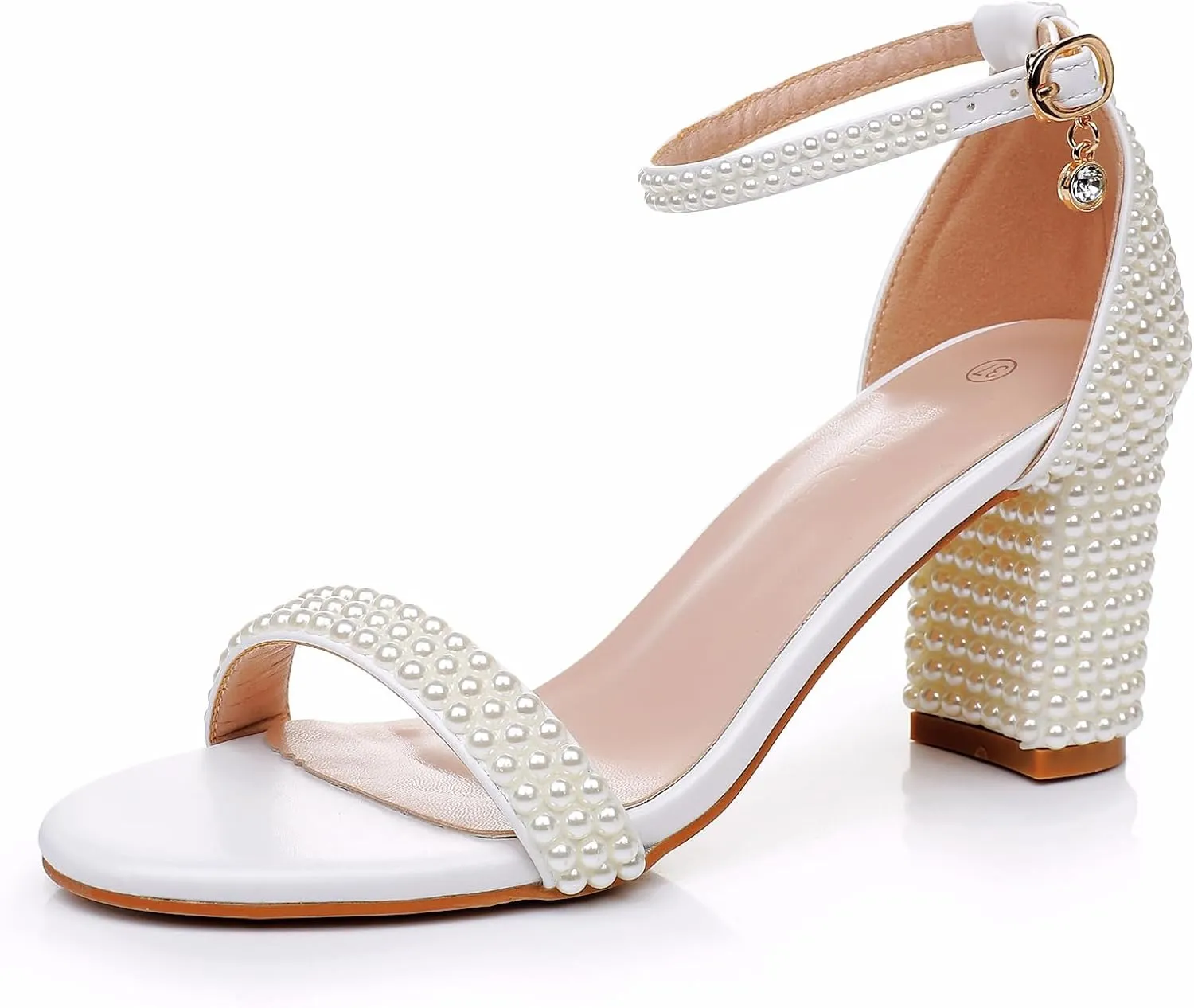 2.95'' Full Pearls Block Heels Sandals Peep Toe Rhinestone Women's Chunky Heel Pump Shoes For Bride Wedding Party Evening Dress Shoes