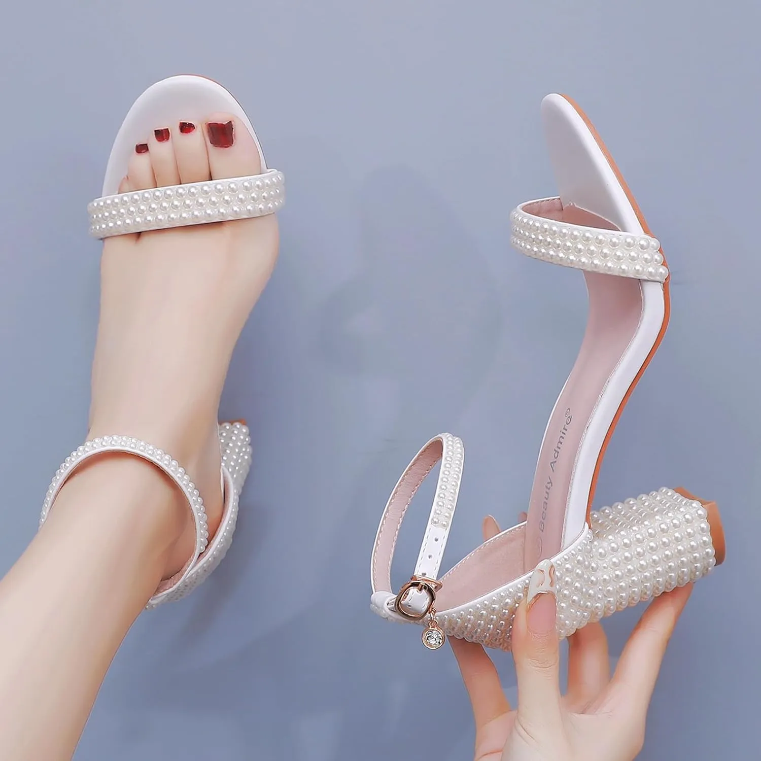 2.95'' Full Pearls Block Heels Sandals Peep Toe Rhinestone Women's Chunky Heel Pump Shoes For Bride Wedding Party Evening Dress Shoes