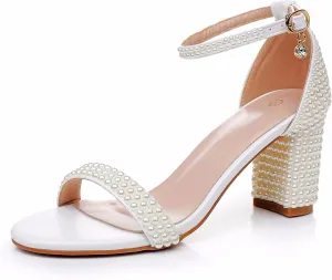 2.95'' Full Pearls Block Heels Sandals Peep Toe Rhinestone Women's Chunky Heel Pump Shoes For Bride Wedding Party Evening Dress Shoes