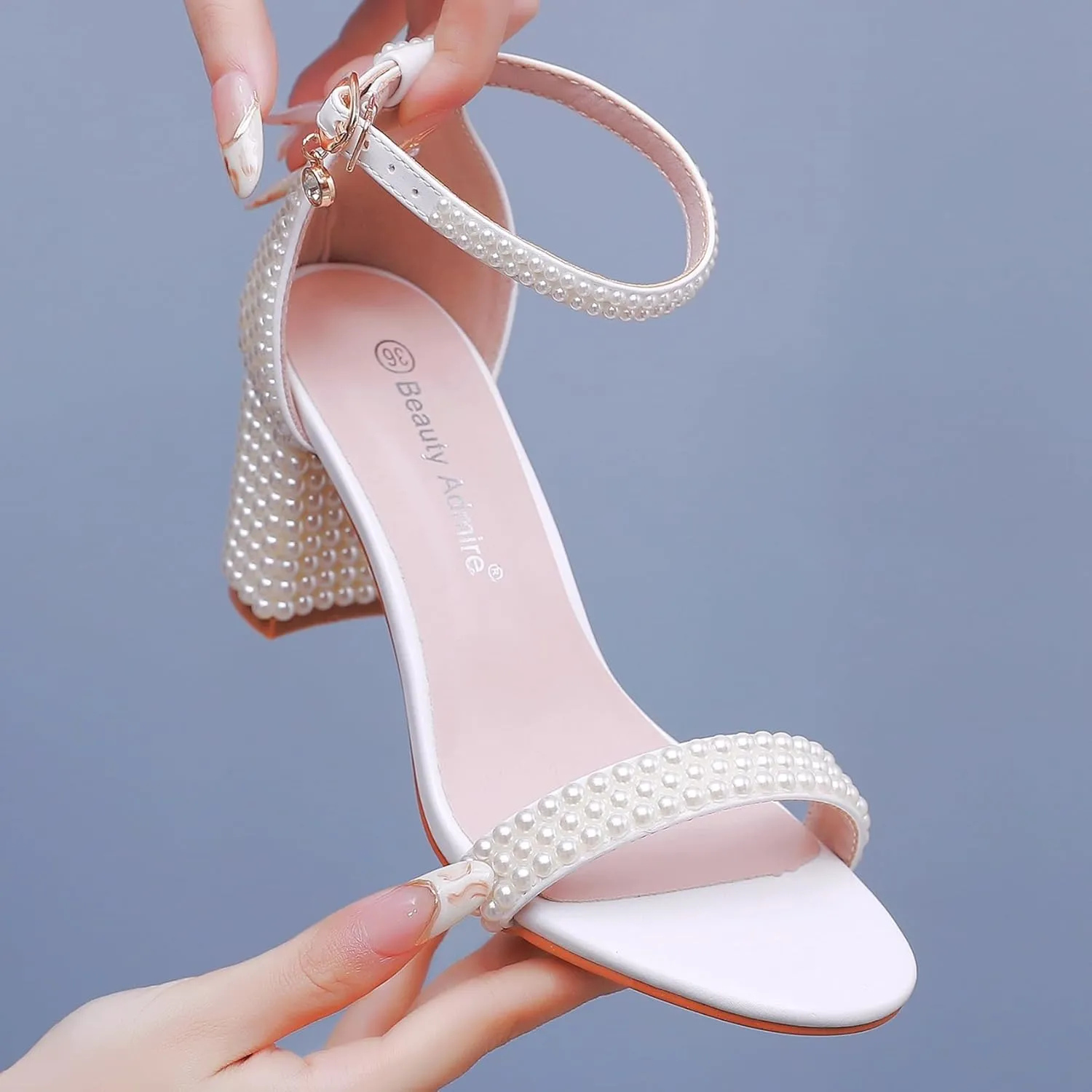 2.95'' Full Pearls Block Heels Sandals Peep Toe Rhinestone Women's Chunky Heel Pump Shoes For Bride Wedding Party Evening Dress Shoes