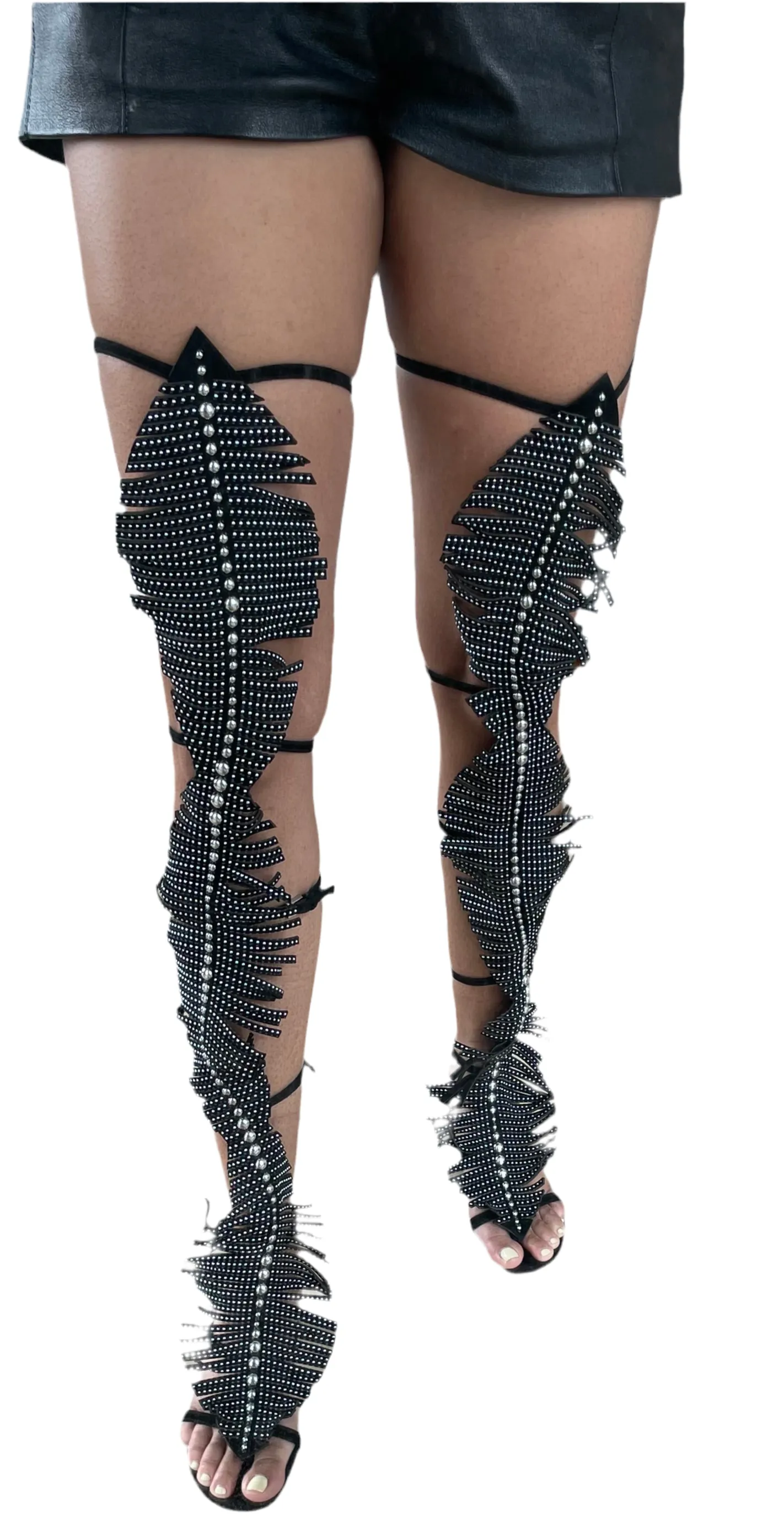 Alaia Suede Studded Feather Fringed Gladiator Sandal Size 37 | Muse Boutique