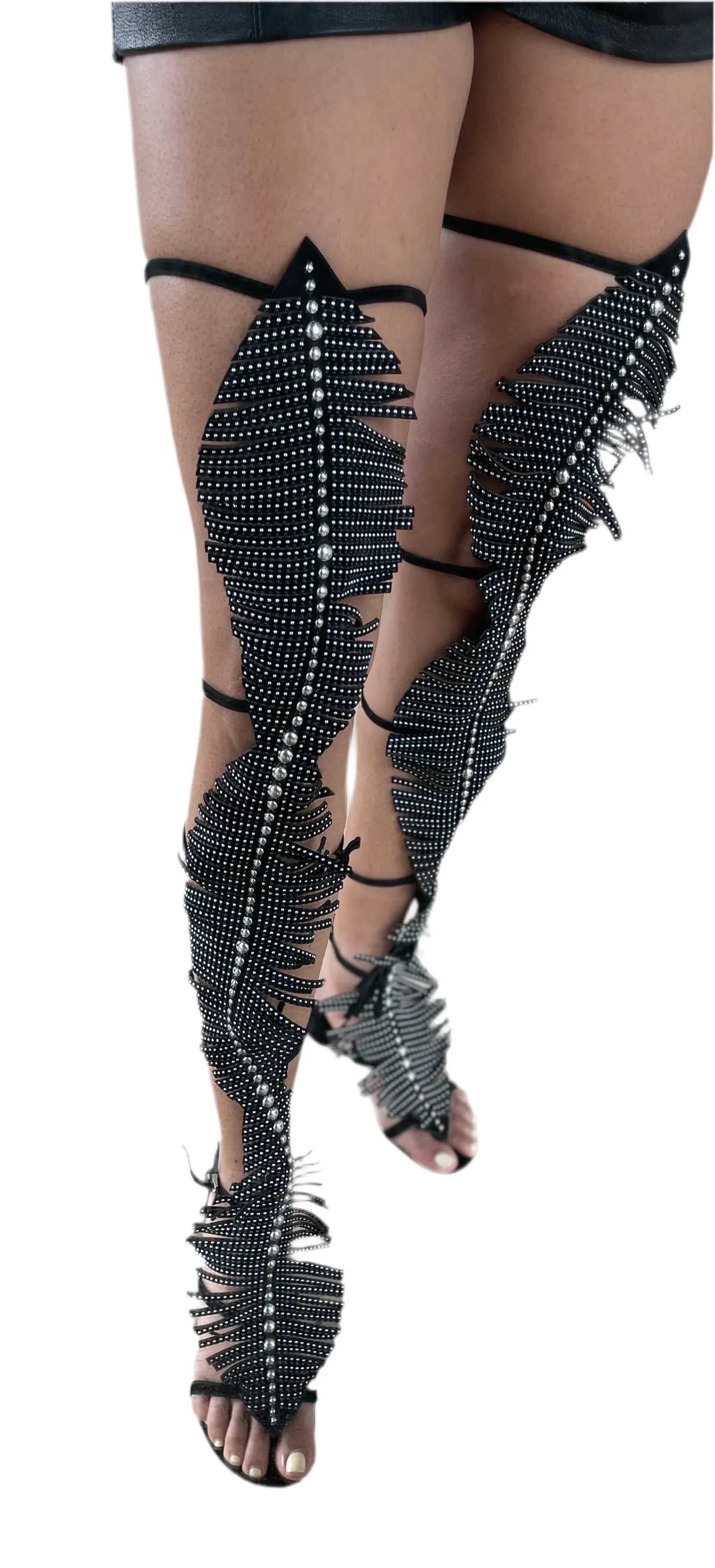 Alaia Suede Studded Feather Fringed Gladiator Sandal Size 37 | Muse Boutique