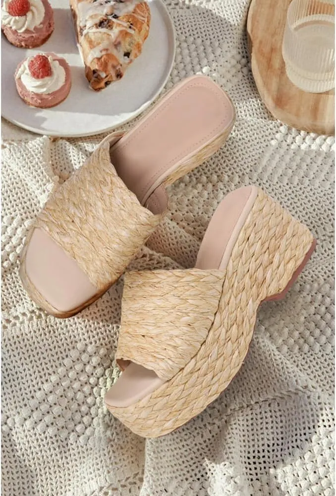 Ancomafio Platform Espadrille Sandals for Women，Platform Slip on Wedges Slides Bohemia Sandals Flatform Open Toe Beach Sandals Outdoor