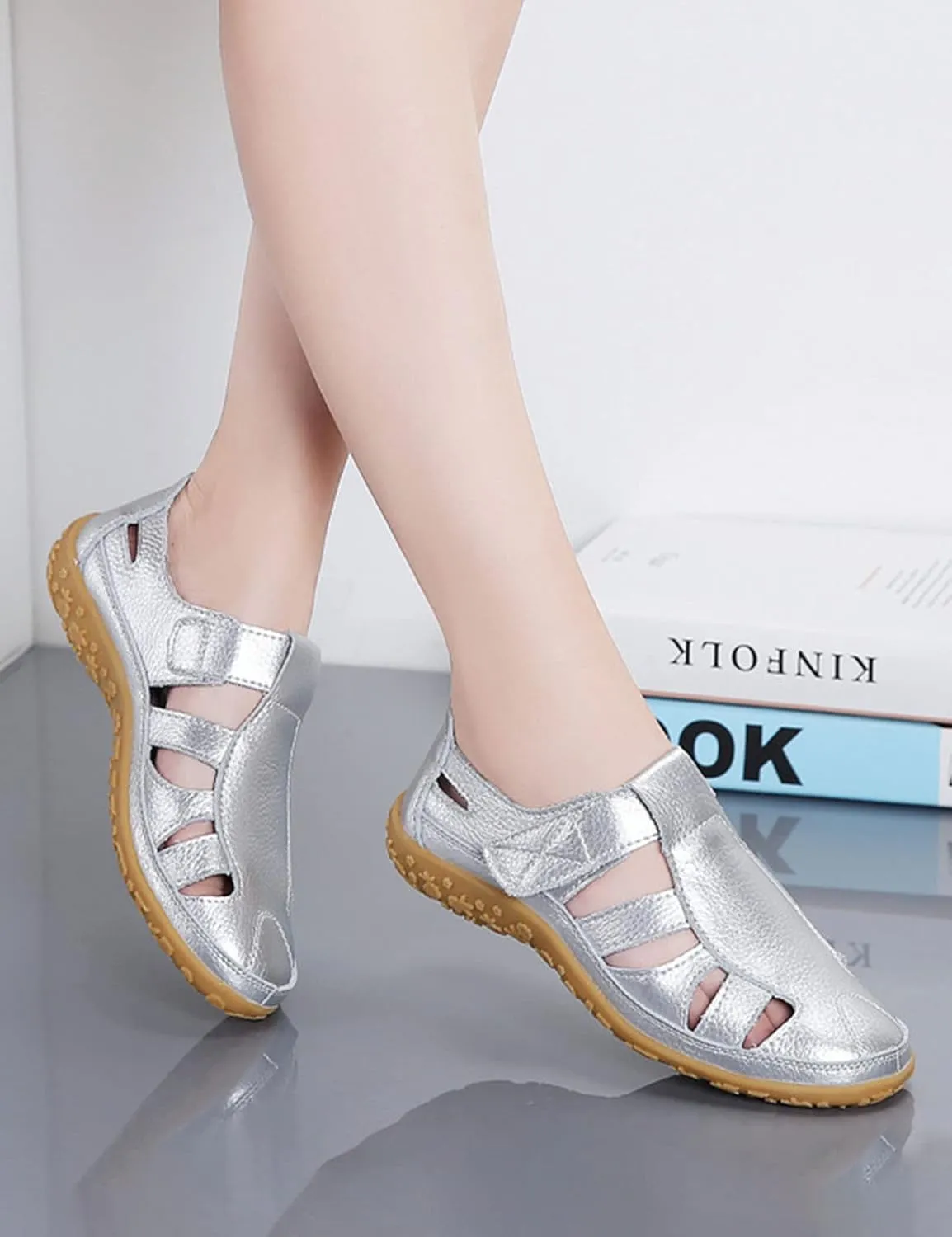 AngryMonkey Women's Casual Boho Gladiator Sandals,Summer Leather Comfort Softsole Closed Toe Ankle Strap Beach Shoes