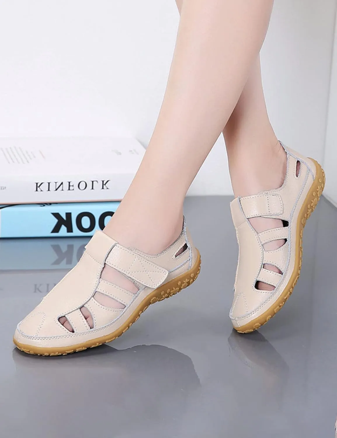 AngryMonkey Women's Casual Boho Gladiator Sandals,Summer Leather Comfort Softsole Closed Toe Ankle Strap Beach Shoes