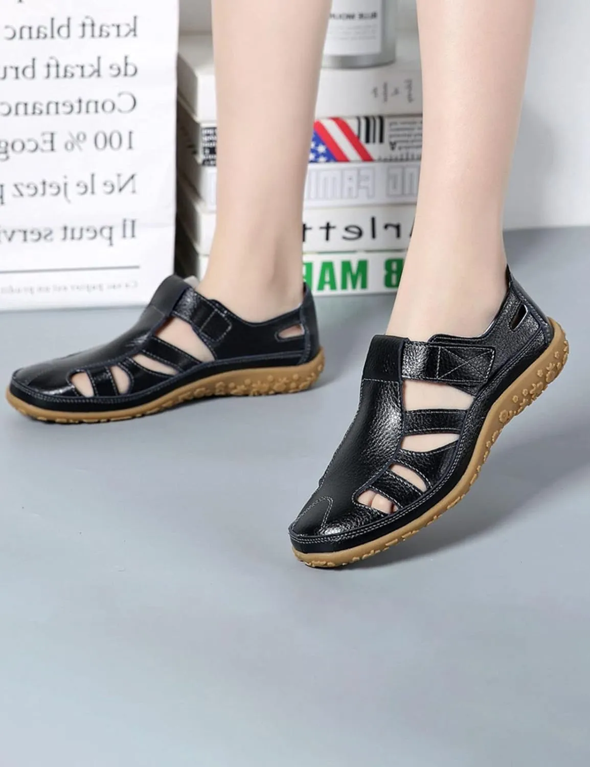 AngryMonkey Women's Casual Boho Gladiator Sandals,Summer Leather Comfort Softsole Closed Toe Ankle Strap Beach Shoes