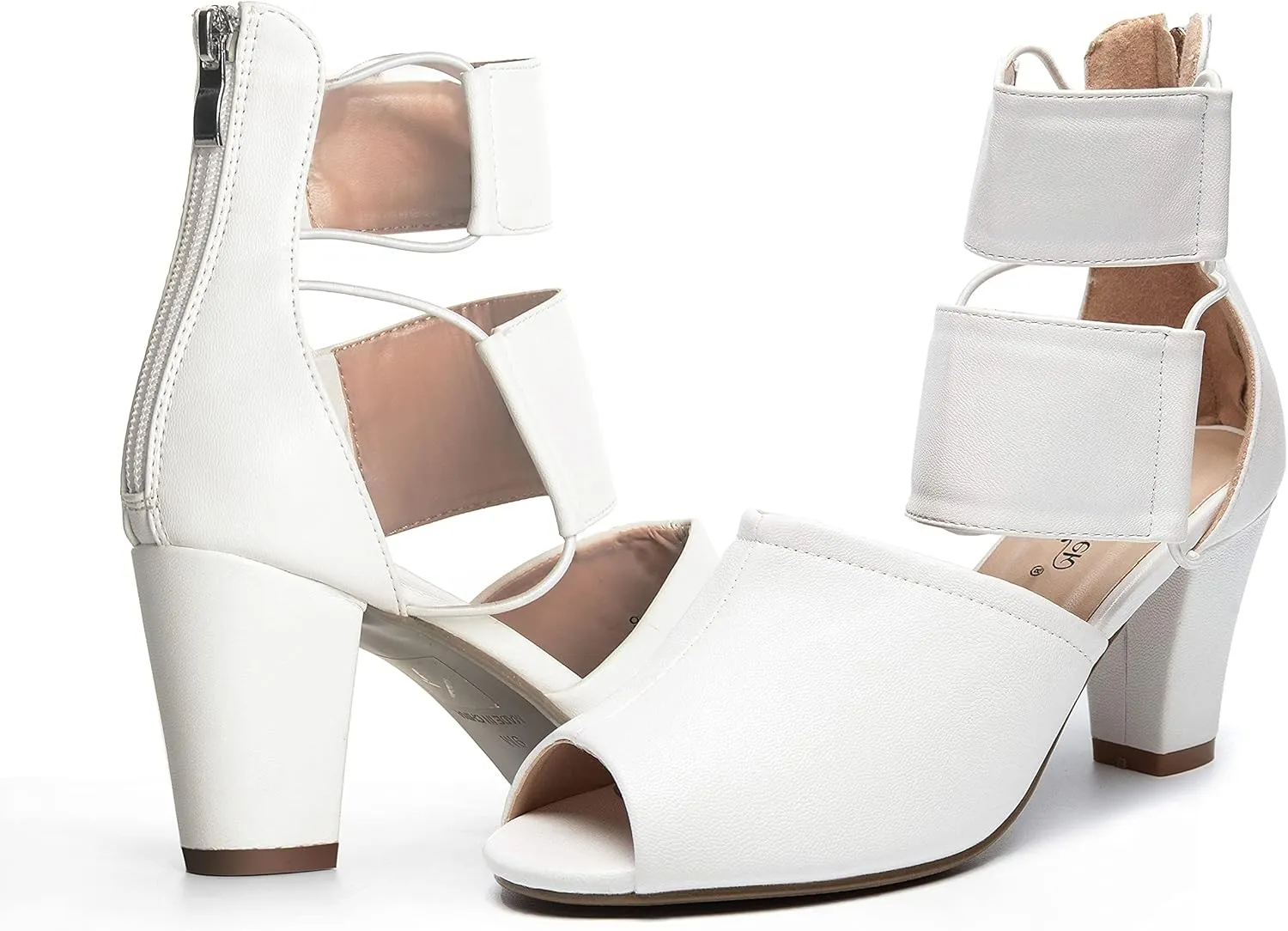 ANN CREEK Women's 'Ravia' Fashion Design Heeled Sandals Double Elastic Ankle Strap Peeptoe Rear Zipper Gladiator Shoes White