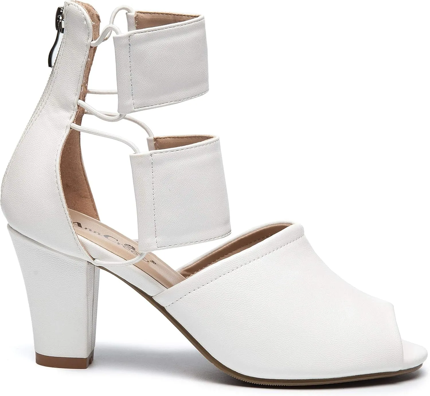 ANN CREEK Women's 'Ravia' Fashion Design Heeled Sandals Double Elastic Ankle Strap Peeptoe Rear Zipper Gladiator Shoes White