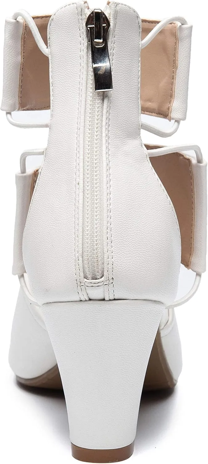 ANN CREEK Women's 'Ravia' Fashion Design Heeled Sandals Double Elastic Ankle Strap Peeptoe Rear Zipper Gladiator Shoes White