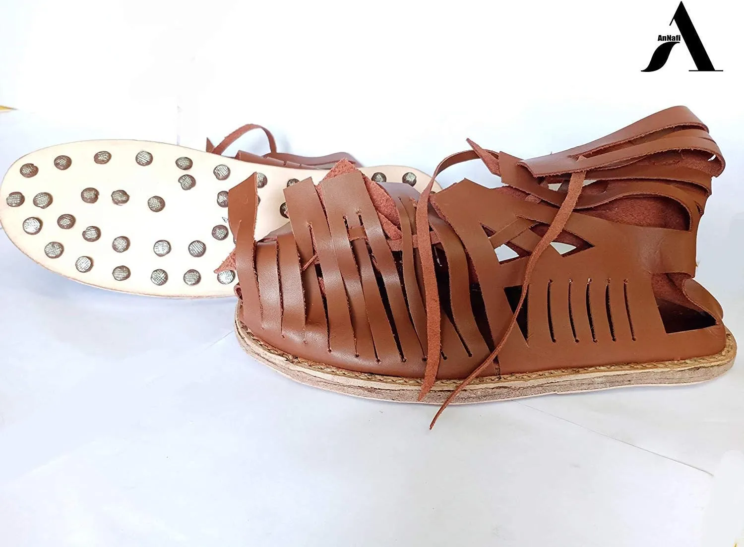 AnNafi Mens Gladiator Leather Sandal | Roman Centurian Brown Caligae|Medieval Greek Soldier Sandles| Ancient Costume Footwear