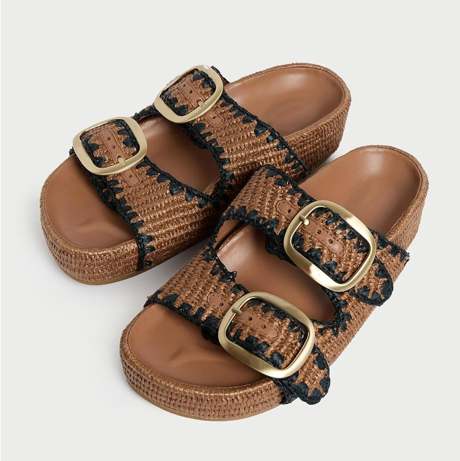 Arqa Raffia Platform Sandals for Women Open Toe Natural Straw Footbed Slides Comfortable Casual Adjustable Buckle Strap Woven Flatform Sandal Summer Beach Wedge Heel Slippers