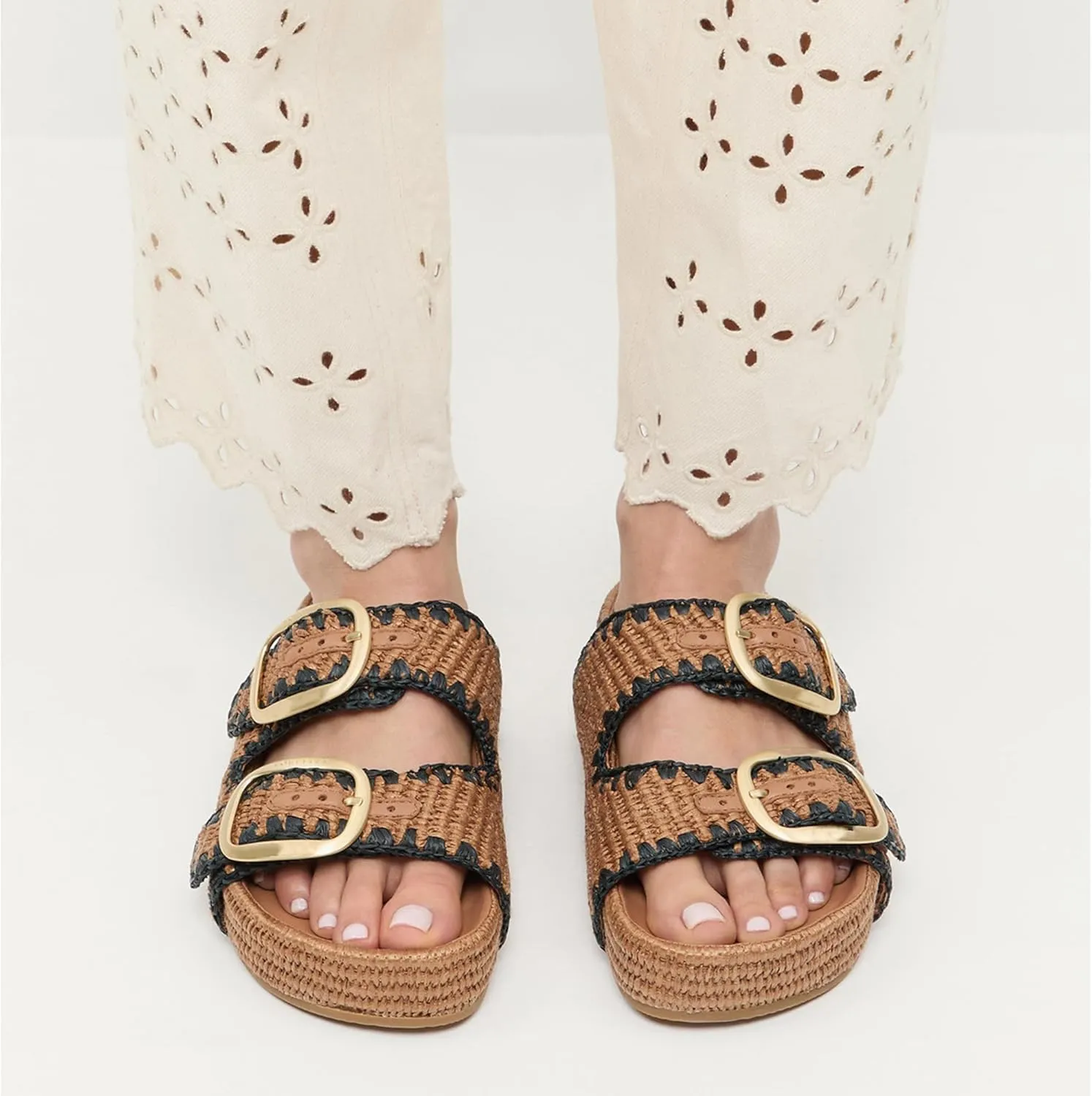 Arqa Raffia Platform Sandals for Women Open Toe Natural Straw Footbed Slides Comfortable Casual Adjustable Buckle Strap Woven Flatform Sandal Summer Beach Wedge Heel Slippers