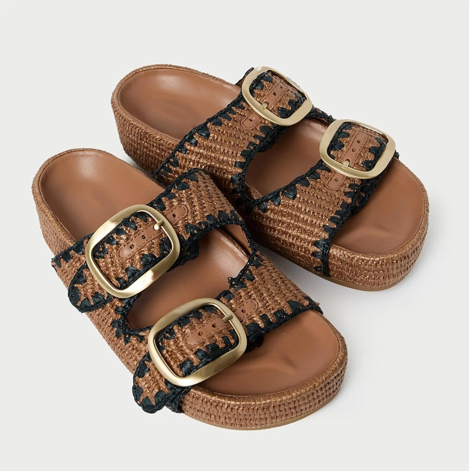 Arqa Raffia Platform Sandals for Women Open Toe Natural Straw Footbed Slides Comfortable Casual Adjustable Buckle Strap Woven Flatform Sandal Summer Beach Wedge Heel Slippers