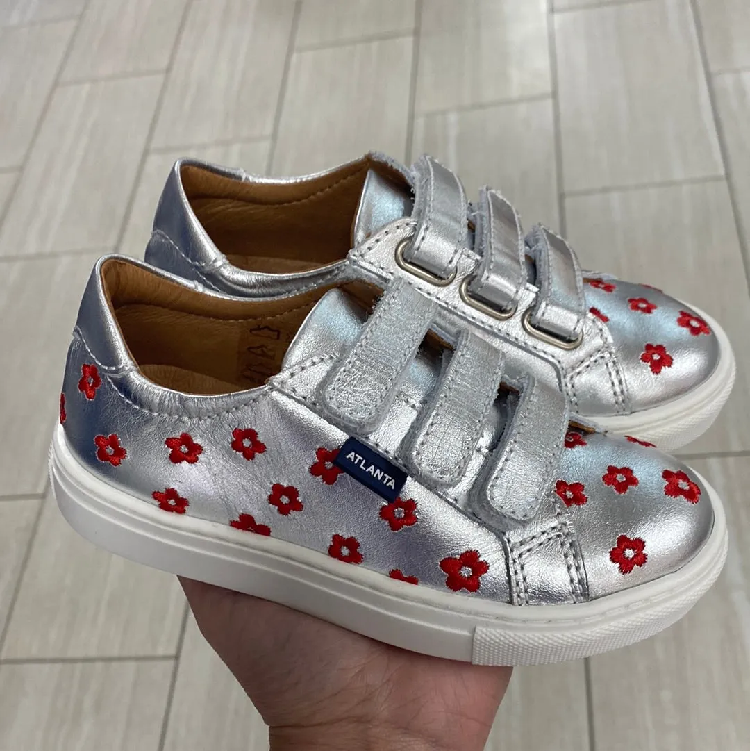Atlanta Mocassin Silver and Red Flower Velcro Sneaker