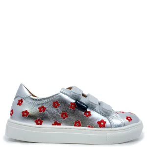 Atlanta Mocassin Silver and Red Flower Velcro Sneaker