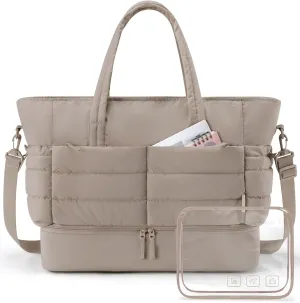 BAGSMART Large Travel Duffel Bag with Shoe Compartment, Puffer Carry-On Gym Weekender Bag for Women, Camel