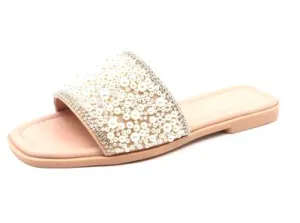 Bamboo Hint-01 Pearl Embellished Band Angular Peep Toe Women Flat sandal-Nude