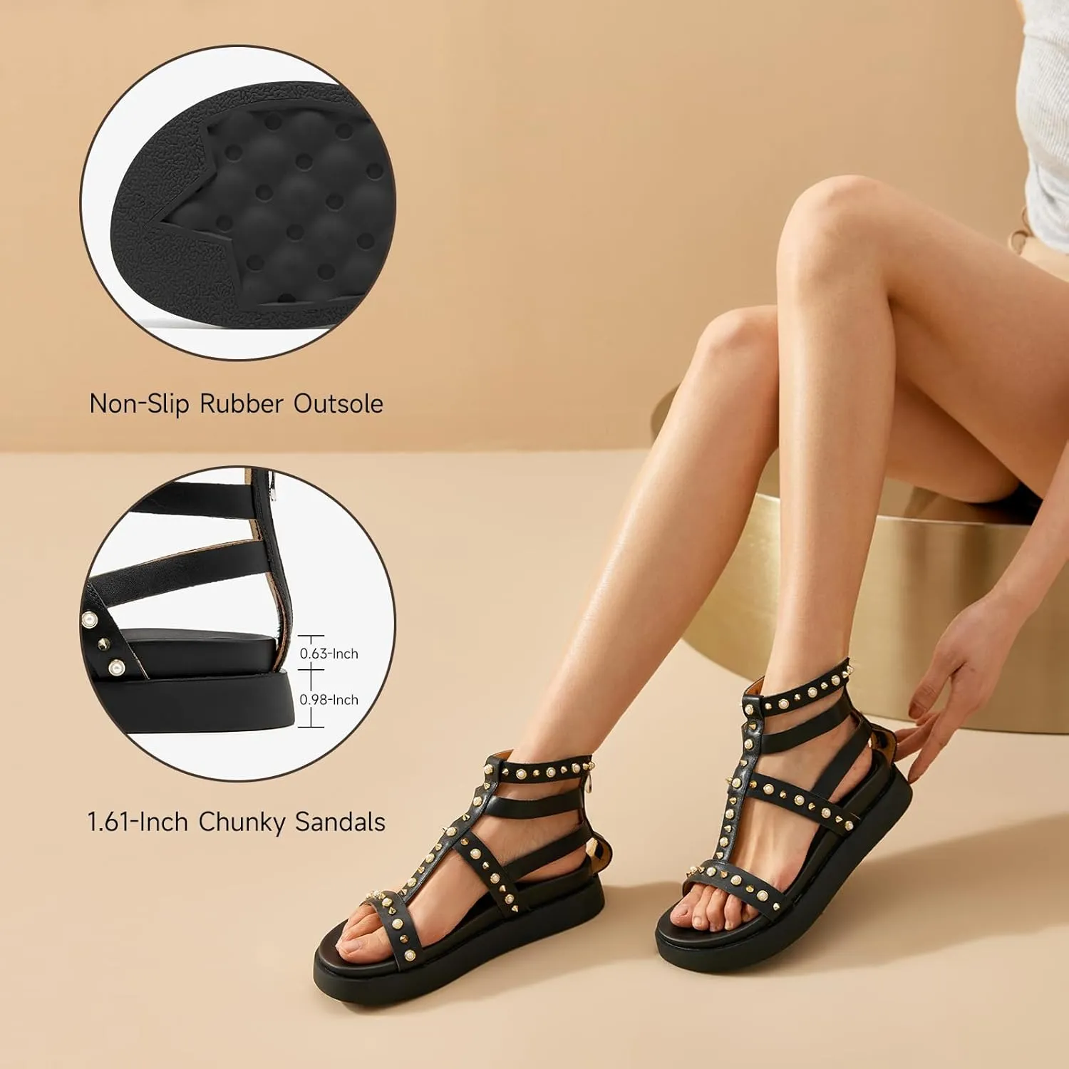 BEAU TODAY Gladiator Sandals for Women, Platform Studded Sandals Women, Comfortable Leather Walking Shoes, Ladies Summer Beach Shoes Dressy Casual Wedding