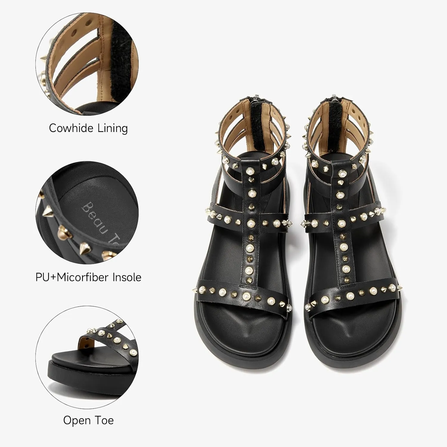 BEAU TODAY Gladiator Sandals for Women, Platform Studded Sandals Women, Comfortable Leather Walking Shoes, Ladies Summer Beach Shoes Dressy Casual Wedding