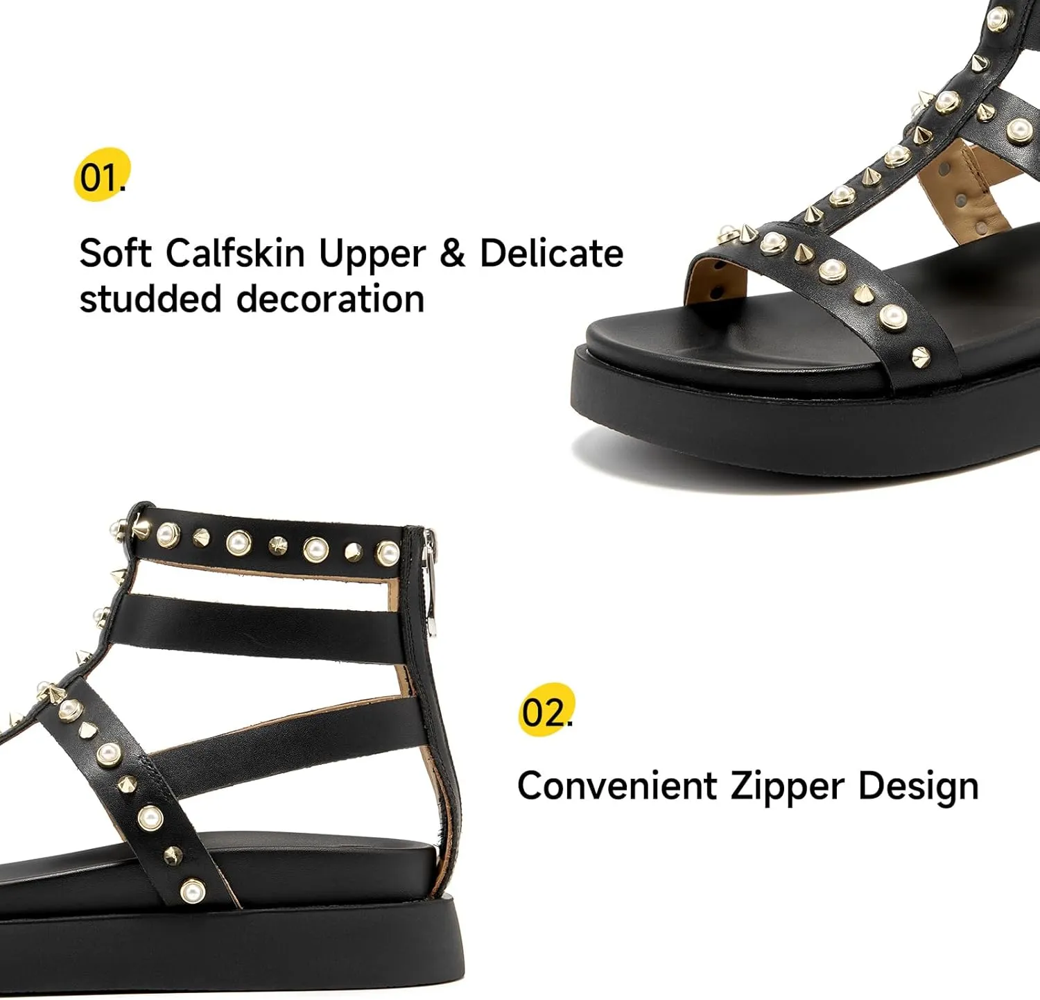 BEAU TODAY Gladiator Sandals for Women, Platform Studded Sandals Women, Comfortable Leather Walking Shoes, Ladies Summer Beach Shoes Dressy Casual Wedding