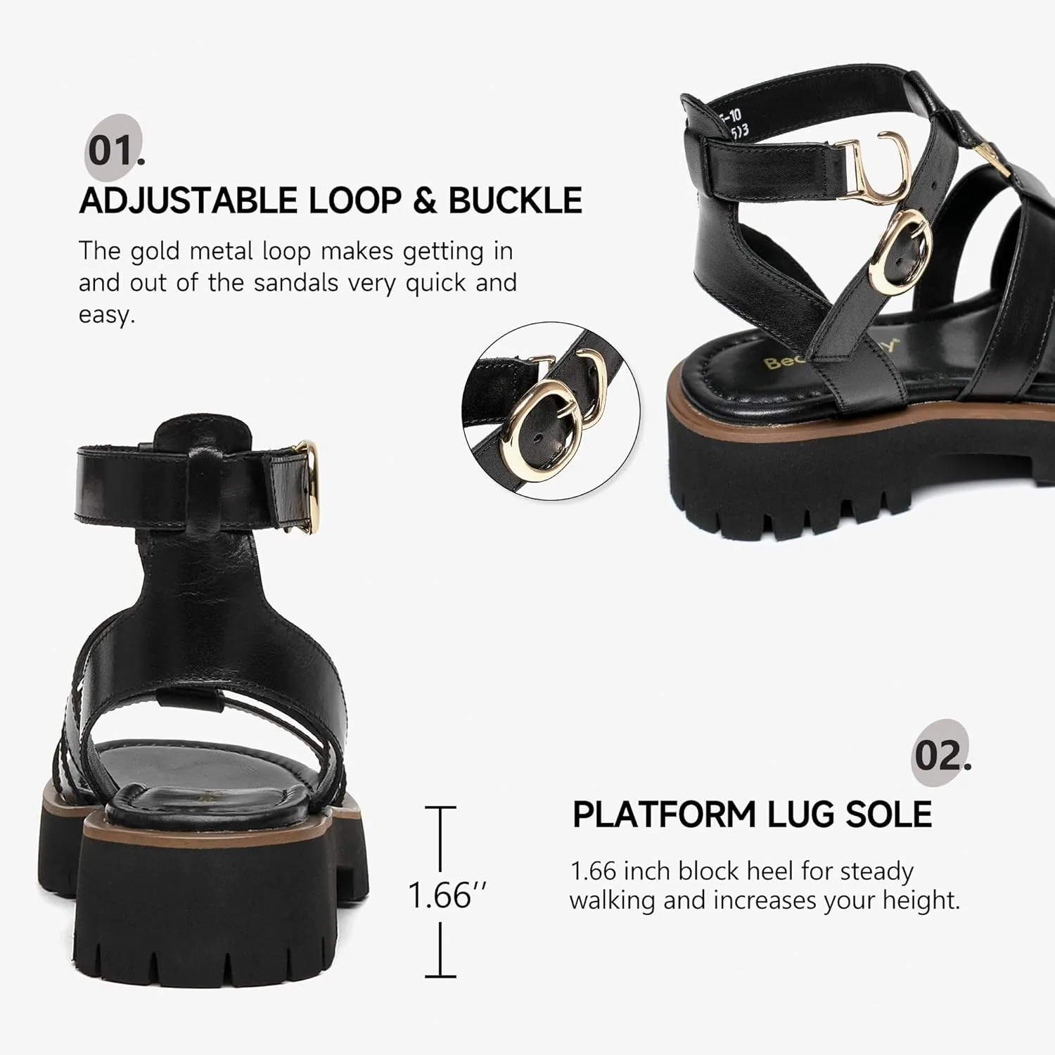 BEAU TODAY Women's Platform Fisherman Sandals, Chunky Gladiator Sandals for Women, Casual Open Toe Leather Sandals, Comfortable Lightweight Dressy Sandals with Ankle Buckle