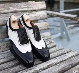 Bespoke Handcrafted Black And White Leather Oxford Lace Up Wingtip Dress Shoe