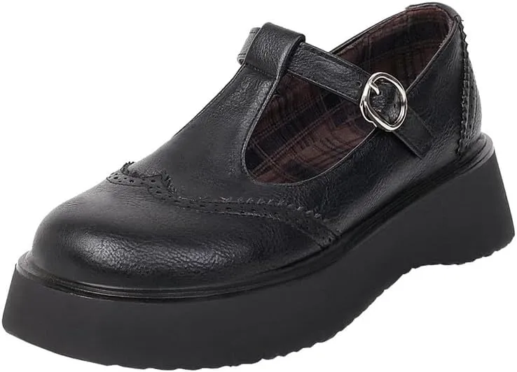 Betastella Women's T Strap Platform Mary Janes Goth Wedge Wingtips Vintage Gothic Shoes