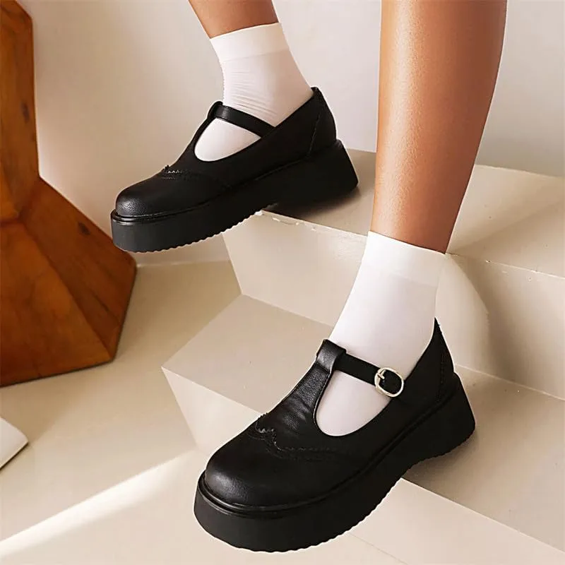 Betastella Women's T Strap Platform Mary Janes Goth Wedge Wingtips Vintage Gothic Shoes