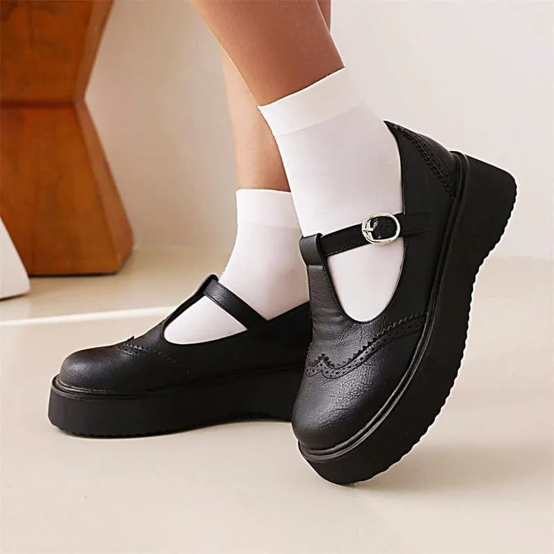Betastella Women's T Strap Platform Mary Janes Goth Wedge Wingtips Vintage Gothic Shoes