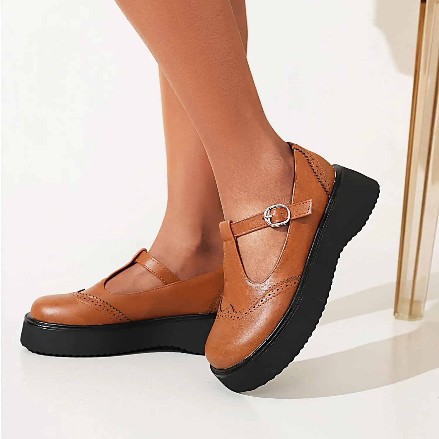 Betastella Women's T Strap Platform Mary Janes Goth Wedge Wingtips Vintage Gothic Shoes