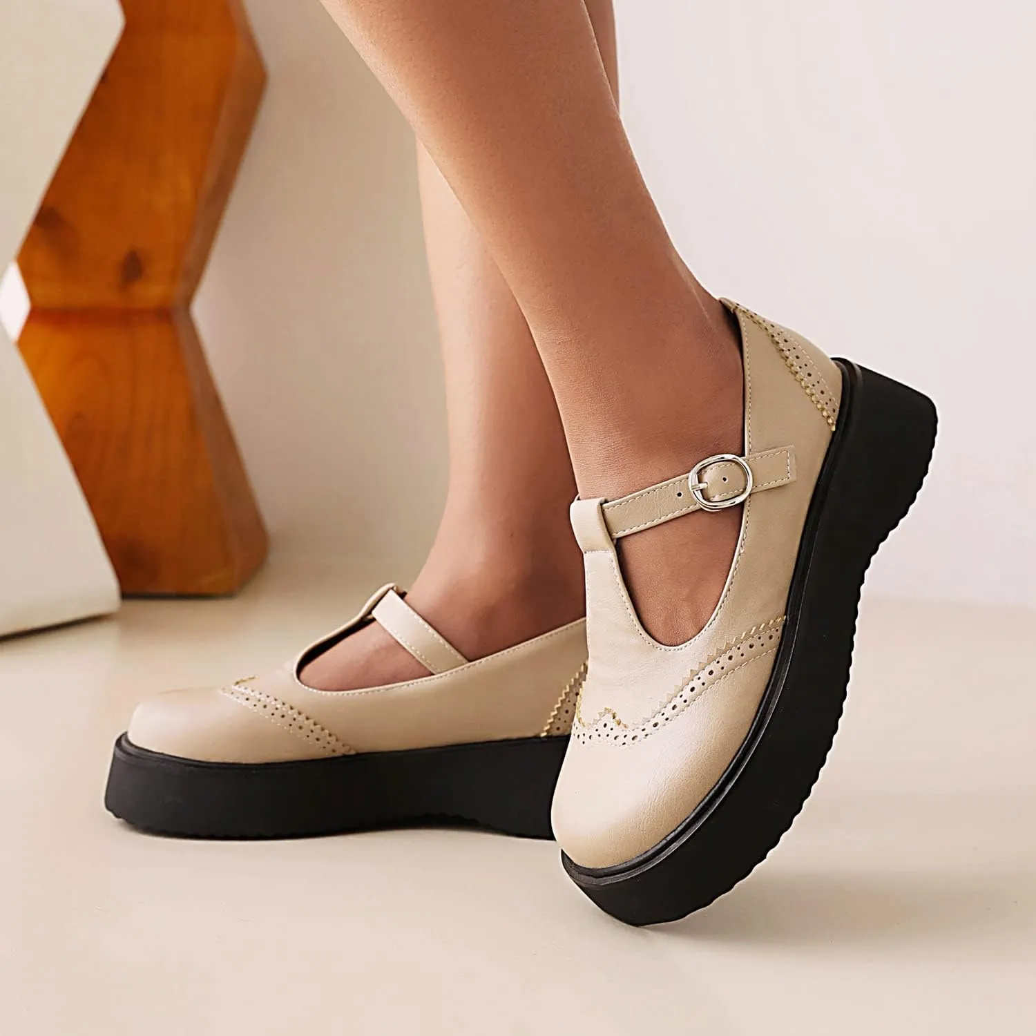 Betastella Women's T Strap Platform Mary Janes Goth Wedge Wingtips Vintage Gothic Shoes
