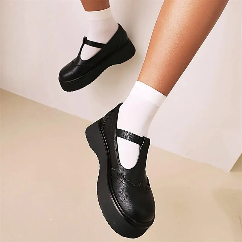 Betastella Women's T Strap Platform Mary Janes Goth Wedge Wingtips Vintage Gothic Shoes