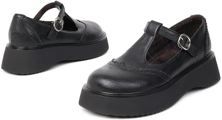 Betastella Women's T Strap Platform Mary Janes Goth Wedge Wingtips Vintage Gothic Shoes
