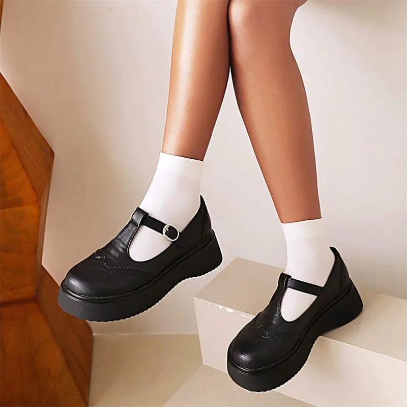 Betastella Women's T Strap Platform Mary Janes Goth Wedge Wingtips Vintage Gothic Shoes