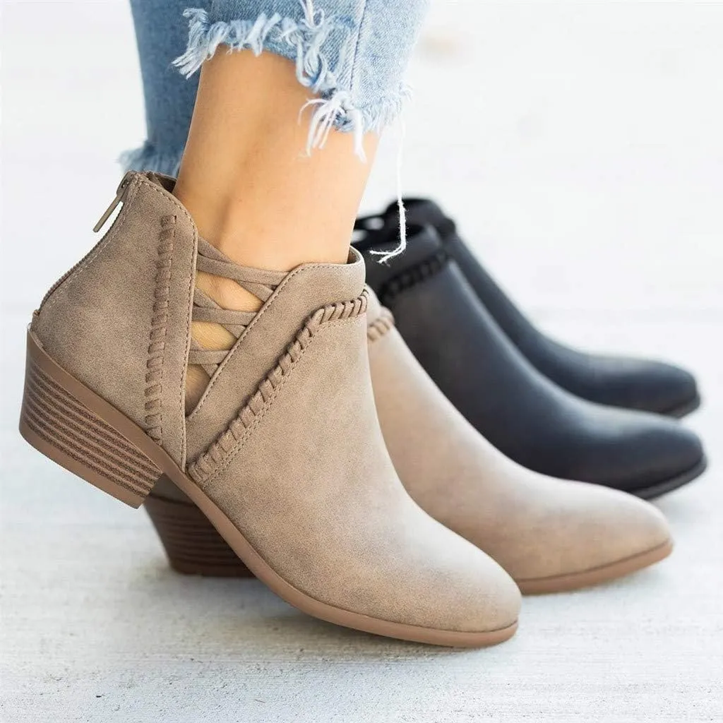 Booties for Women Flat,Womens Ruffled Ankle Boots Low Chunky Block Stacked Heel Boots Slip On Pointed Toe Western Shoes