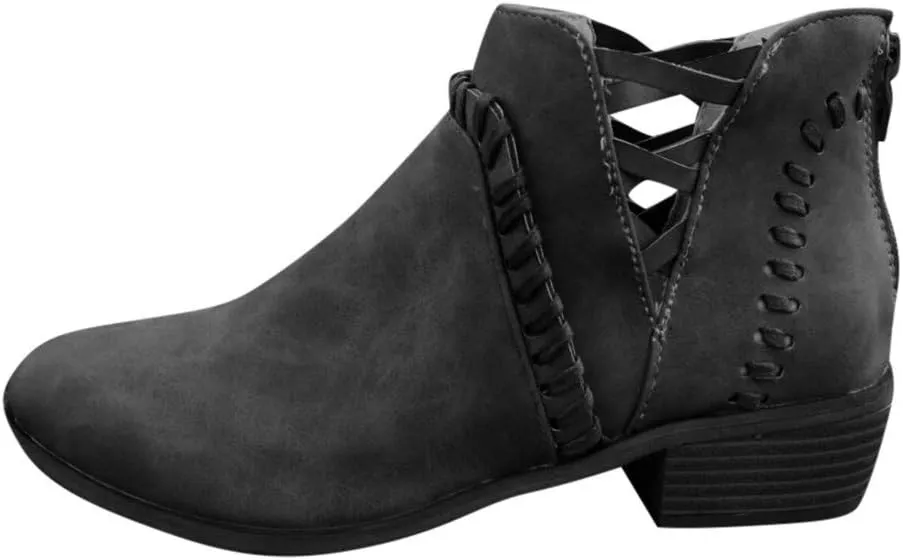 Booties for Women Flat,Womens Ruffled Ankle Boots Low Chunky Block Stacked Heel Boots Slip On Pointed Toe Western Shoes