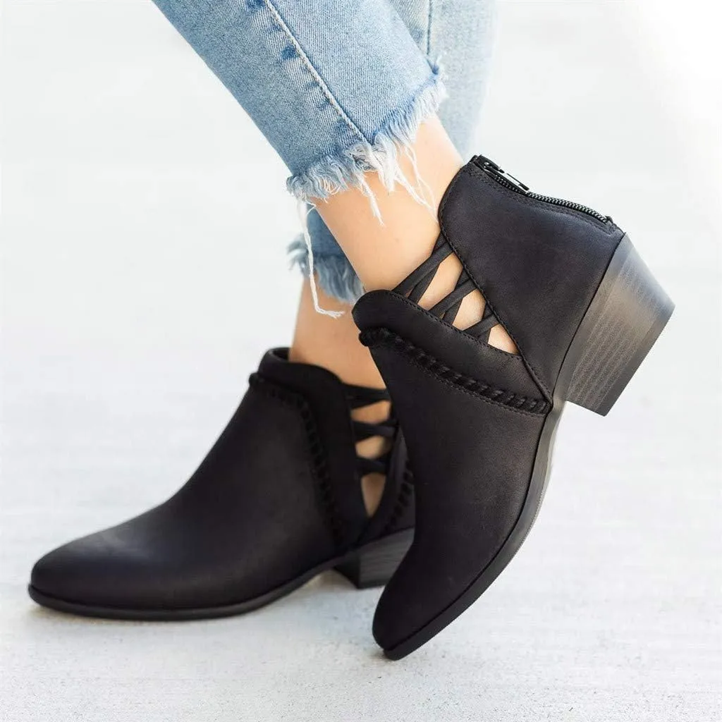 Booties for Women Flat,Womens Ruffled Ankle Boots Low Chunky Block Stacked Heel Boots Slip On Pointed Toe Western Shoes