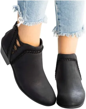 Booties for Women Flat,Womens Ruffled Ankle Boots Low Chunky Block Stacked Heel Boots Slip On Pointed Toe Western Shoes