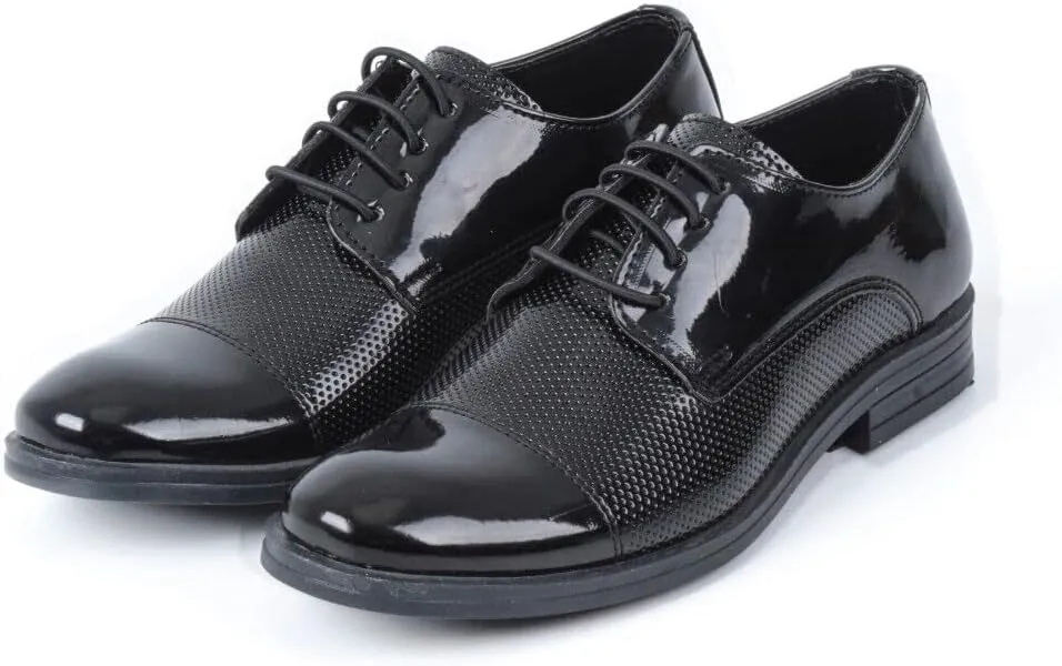 Boys Dotted Derby Patent Lace Up Black Dress Shoes Formal Wedding Prom Footwear
