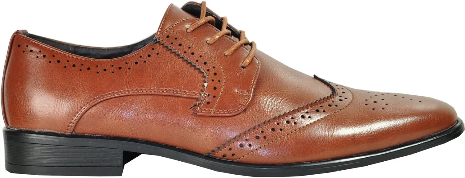 bravo! Men Dress Shoe King Classic Lace-up Oxford Plain or Cap Toe or Wingtip Leather Sock Medium and Wide Width Size from 6 to 18 Black Brown Cognac Blue Purple Red
