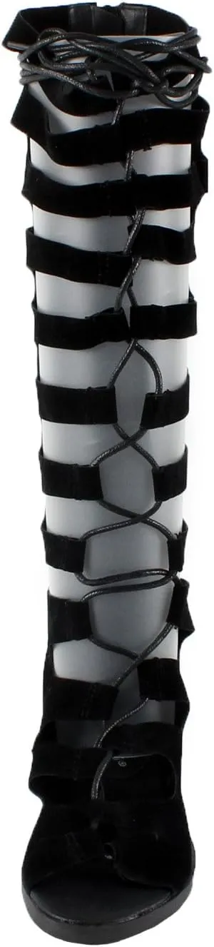 Breckelle's Women Suede Gilly Tie Peep Toe Knee High Gladiator Sandal