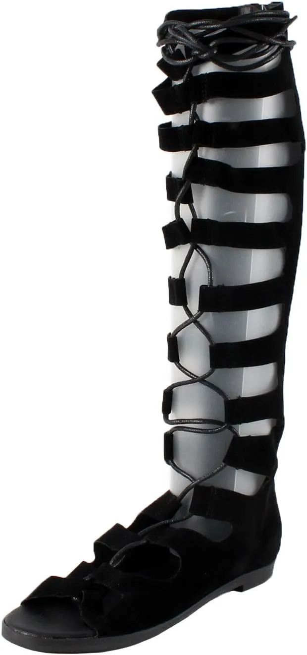 Breckelle's Women Suede Gilly Tie Peep Toe Knee High Gladiator Sandal