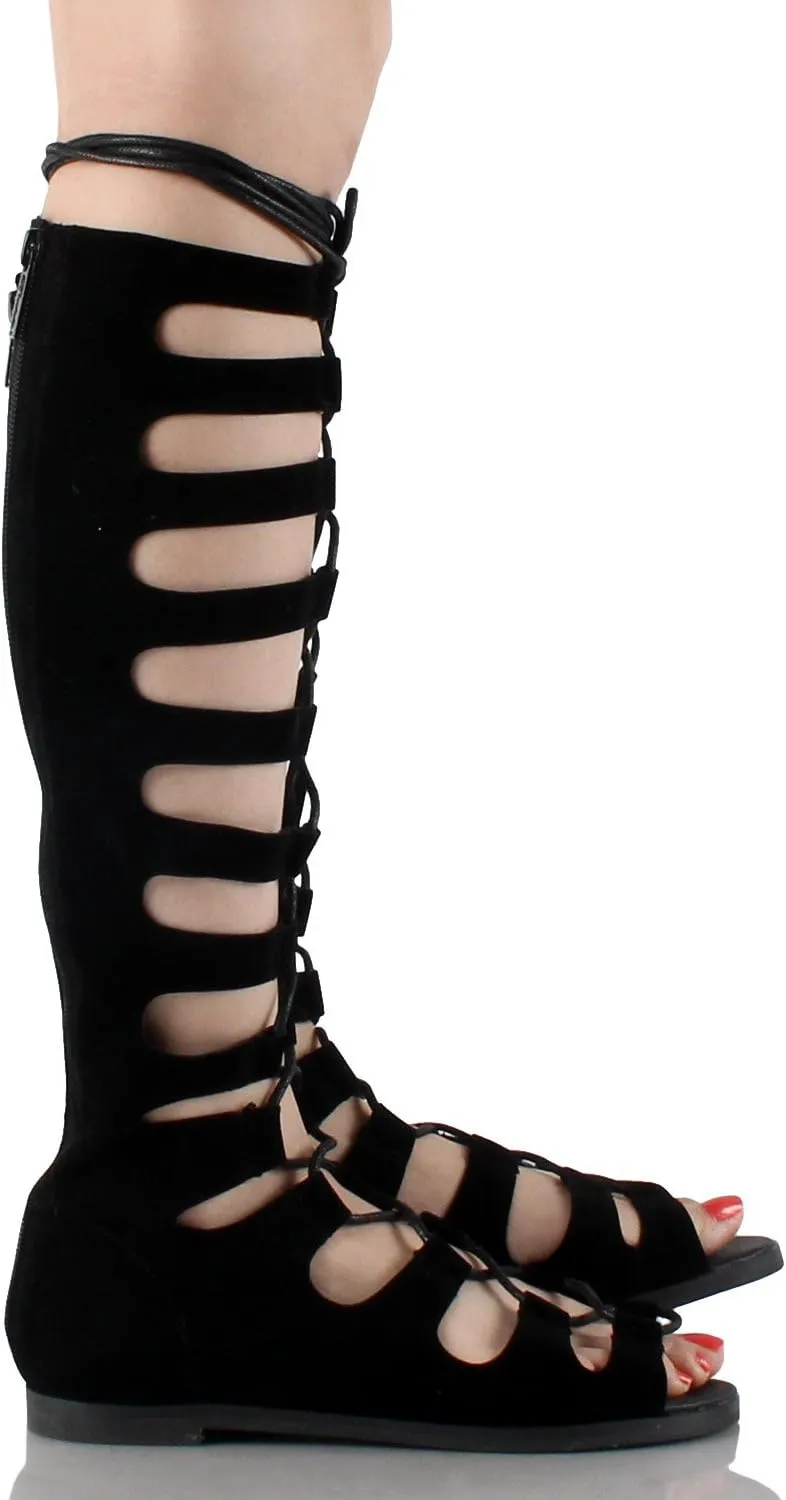 Breckelle's Women Suede Gilly Tie Peep Toe Knee High Gladiator Sandal