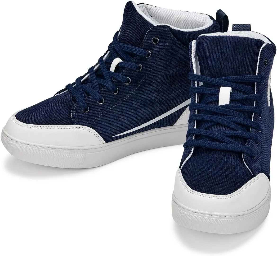 CALTO Men's Invisible Height Increasing Elevator Shoes - Navy Blue/White Sole Lace-up Corduroy Ankle Top Sneak-Boot - 2.6 Inches Taller - S4132 - Size 13 D(M) US