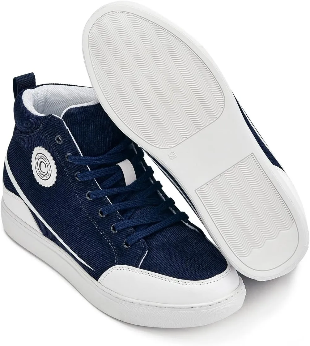 CALTO Men's Invisible Height Increasing Elevator Shoes - Navy Blue/White Sole Lace-up Corduroy Ankle Top Sneak-Boot - 2.6 Inches Taller - S4132 - Size 13 D(M) US