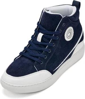 CALTO Men's Invisible Height Increasing Elevator Shoes - Navy Blue/White Sole Lace-up Corduroy Ankle Top Sneak-Boot - 2.6 Inches Taller - S4132 - Size 13 D(M) US