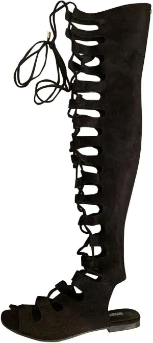 Cape Robbin Womens Open Toe Lace Up Gladiator Over The Knee Thigh High Caged Flat Sandal Boot