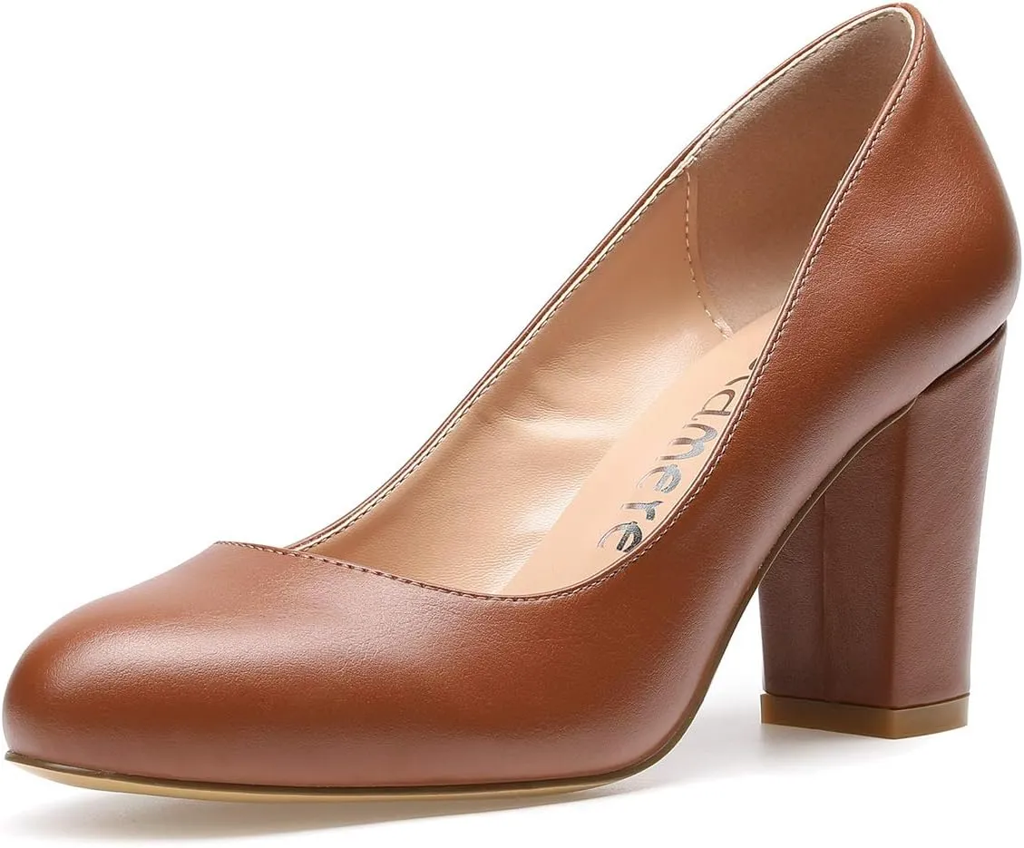 Castamere Women's High Heels Round Toe Slip-On Pumps Block Heel 8CM