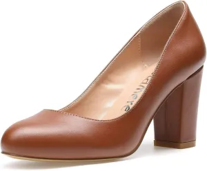 Castamere Women's High Heels Round Toe Slip-On Pumps Block Heel 8CM